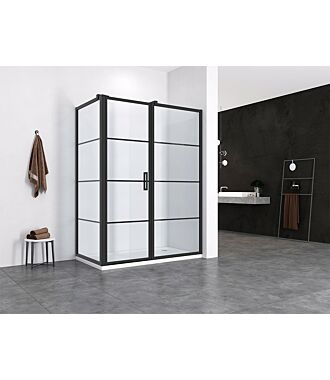 Douchecabine met Draaideur met Vast Paneel en Zijwand Hoekcabine 120x90cm 200cm Hoog Mat Zwart Frame Black Onyx 8mm Nano Glas Easy Clean