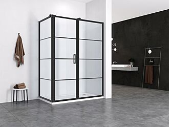 Douchecabine met Draaideur met Vast Paneel en Zijwand Hoekcabine 120x90cm 200cm Hoog Mat Zwart Frame Black Onyx 8mm Nano Glas Easy Clean