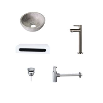 Tundra Grey Marmer Fonteinkom met Solid Surface Planchet met Opbouwkraan, Afvoer, Sifon Gunmetal 40x22x8 cm