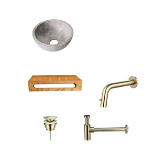 Tundra Grey Marmer Fonteinkom met Massief Wood Planchet met Inbouwkraan, Afvoer, Sifon Goud 40x22x8 cm