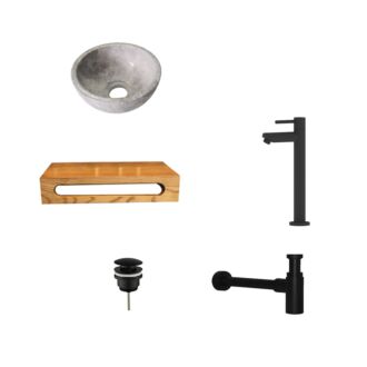 Tundra Grey Marmer Fonteinkom met Massief Wood Planchet met Opbouwkraan, Afvoer, Sifon Mat Zwart 40x22x8 cm