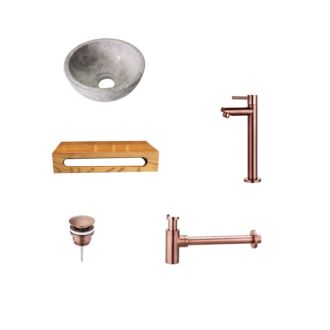 Tundra Grey Marmer Fonteinkom met Massief Wood Planchet met Opbouwkraan, Afvoer, Sifon Brons 40x22x8 cm