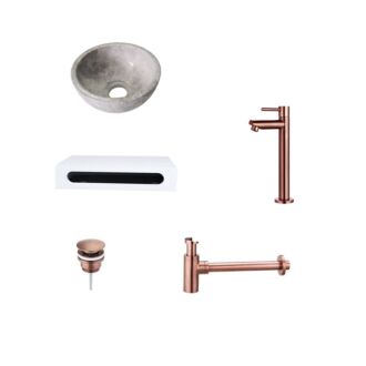 Tundra Grey Marmer Fonteinkom met Solid Surface Planchet met Opbouwkraan, Afvoer, Sifon Brons 40x22x8 cm