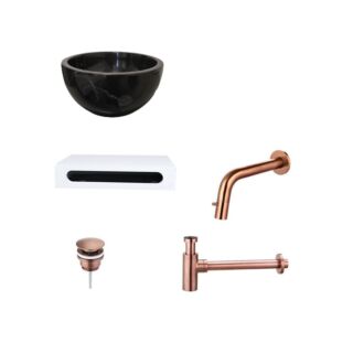 Black Emperador Marmer Fonteinkom met Solid Surface Planchet met Inbouwkraan, Afvoer, Sifon Brons 40x22x8 cm