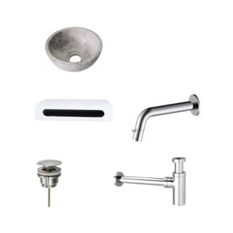 Tundra Grey Marmer Fonteinkom met Solid Surface Planchet met Inbouwkraan, Afvoer, Sifon Chroom 40x22x8 cm