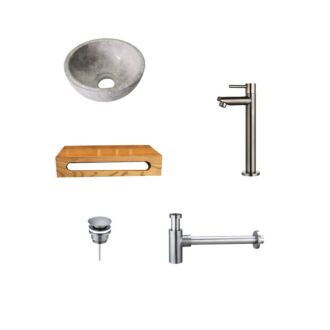 Tundra Grey Marmer Fonteinkom met Massief Wood Planchet met Opbouwkraan, Afvoer, Sifon Gunmetal 40x22x8 cm