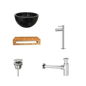 Black Emperador Marmer Fonteinkom met Massief Wood Planchet met Opbouwkraan, Afvoer, Sifon Chroom 40x22x8 cm