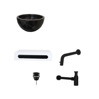 Black Emperador Marmer Fonteinkom met Solid Surface Planchet met Inbouwkraan, Afvoer, Sifon Mat Zwart 40x22x8 cm