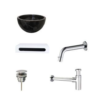 Black Emperador Marmer Fonteinkom met Solid Surface Planchet met Inbouwkraan, Afvoer, Sifon Chroom 40x22x8 cm