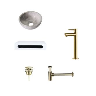 Tundra Grey Marmer Fonteinkom met Solid Surface Planchet met Opbouwkraan, Afvoer, Sifon Goud 40x22x8 cm