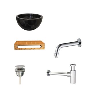 Black Emperador Marmer Fonteinkom met Massief Wood Planchet met Inbouwkraan, Afvoer, Sifon Chroom 40x22x8 cm