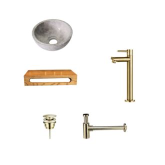 Tundra Grey Marmer Fonteinkom met Massief Wood Planchet met Opbouwkraan, Afvoer, Sifon Goud 40x22x8 cm