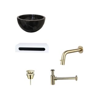 Black Emperador Marmer Fonteinkom met Solid Surface Planchet met Inbouwkraan, Afvoer, Sifon Goud 40x22x8 cm