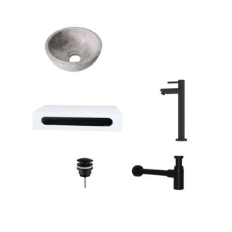 Tundra Grey Marmer Fonteinkom met Solid Surface Planchet met Opbouwkraan, Afvoer, Sifon Mat Zwart 40x22x8 cm