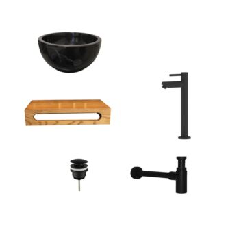 Black Emperador Marmer Fonteinkom met Massief Wood Planchet met Opbouwkraan, Afvoer, Sifon Mat Zwart 40x22x8 cm
