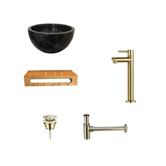 Black Emperador Marmer Fonteinkom met Massief Wood Planchet met Opbouwkraan, Afvoer, Sifon Goud  40x22x8 cm