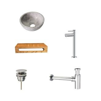 Tundra Grey Marmer Fonteinkom met Massief Wood Planchet met Opbouwkraan, Afvoer, Sifon Chroom 40x22x8 cm