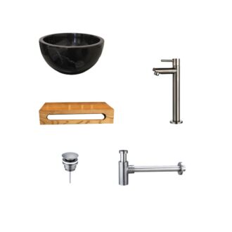 Black Emperador Marmer Fonteinkom met Massief Wood Planchet met Opbouwkraan, Afvoer, Sifon Gunmetal 40x22x8 cm