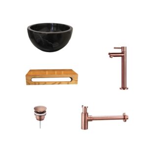 Black Emperador Marmer Fonteinkom met Massief Wood Planchet met Opbouwkraan, Afvoer, Sifon Brons 40x22x8 cm