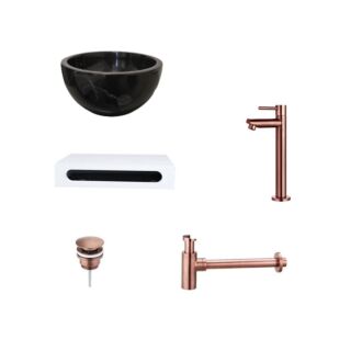 Black Emperador Marmer Fonteinkom met Solid Surface Planchet met Opbouwkraan, Afvoer, Sifon Brons 40x22x8 cm