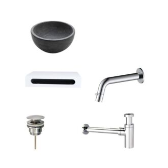 Natuursteen Mini Waskom met Solid Surface Planchet met Inbouwkraan, Afvoer, Sifon Chroom 40x22x8 cm