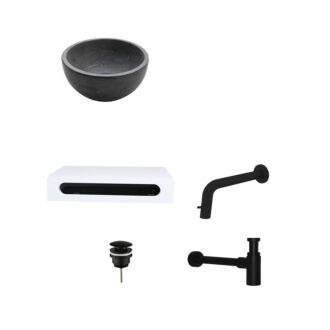 Natuursteen Mini Waskom met Solid Surface Planchet met Inbouwkraan, Afvoer, Sifon Mat Zwart 40x22x8 cm