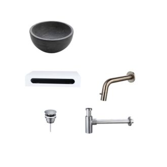 Natuursteen Mini Waskom met Solid Surface Planchet met Inbouwkraan, Afvoer, Sifon Gunmetal 40x22x8 cm
