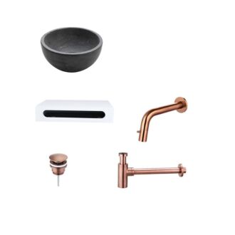 Natuursteen Mini Waskom met Solid Surface Planchet met Inbouwkraan, Afvoer, Sifon Brons 40x22x8 cm