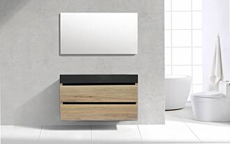 Badkamermeubel Generation Natuur Eik 120 cm Quartz Trend enkelbak greeplijst aluminium mat zwart met Standaard Spiegel zonder kraangaten