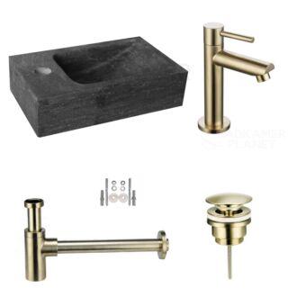 Hardstenen Fonteinset Mini met Kraan, Afvoer en Sifon Goud 30x18x8 cm Kraangat Links