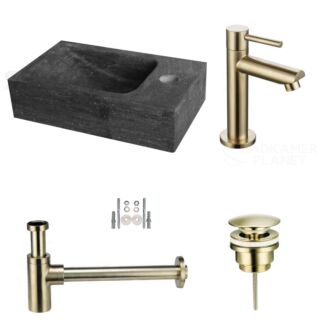 Hardstenen Fonteinset Mini met Kraan, Afvoer en Sifon Goud 30x18x8 cm Kraangat Rechts