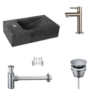 Hardstenen Fonteinset Mini met Kraan, Afvoer en Sifon Gun Metal 30x18x8 cm Kraangat Links