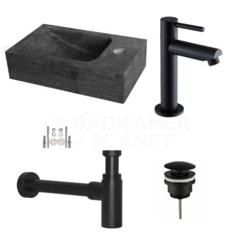 Hardstenen Fonteinset Mini met Kraan, Afvoer en Sifon Mat Zwart 30x18x8 cm Kraangat Rechts
