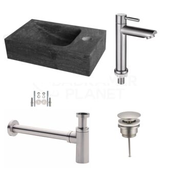 Hardstenen Fonteinset Mini met Kraan, Afvoer en Sifon RVS 30x18x8 cm Kraangat Rechts