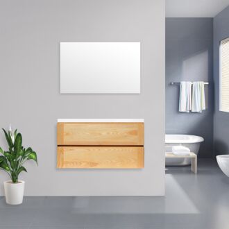 Badkamermeubel Nola Wood Eiken met Flat Kunstmarmer Top 100 cm met Standaard Spiegel