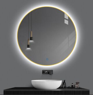 Badkamerspiegel Rond Goud LED Dimbaar en Instelbare Lichtkleur 80 cm met Spiegelverwarming