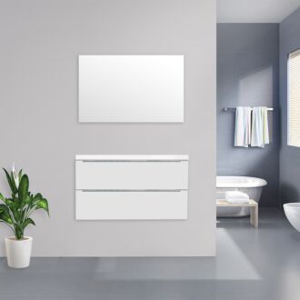 Badkamermeubel Sensio Flat Kunstmarmer Top 100 cm Hoogglans Wit met Standaard Spiegel