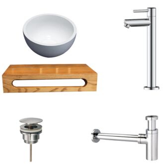 Solid Surface Waskom Rond met Massief Wood Planchet met Opbouwkraan, Afvoer, Sifon Chroom 40x22x8 cm