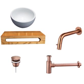 Solid Surface Waskom Rond met Massief Wood Planchet met Inbouwkraan, Afvoer, Sifon Brons 40x22x8 cm