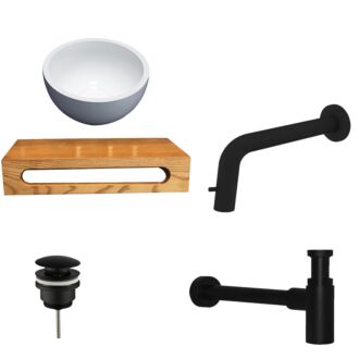 Solid Surface Waskom Rond met Massief Wood Planchet met Inbouwkraan, Afvoer, Sifon Mat zwart 40x22x8 cm