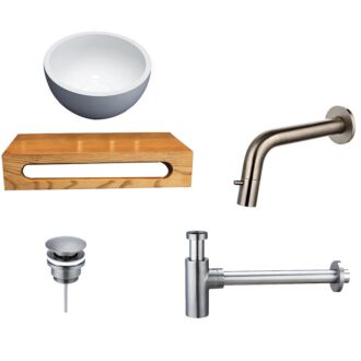 Solid Surface Waskom Rond met Massief Wood Planchet met Inbouwkraan, Afvoer, Sifon Gunmetal 40x22x8 cm