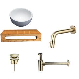Solid Surface Waskom Rond met Massief Wood Planchet met Inbouwkraan, Afvoer, Sifon Goud 40x22x8 cm