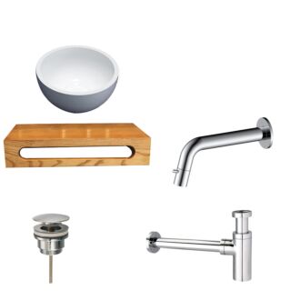 Solid Surface Waskom Rond met Massief Wood Planchet met Inbouwkraan, Afvoer, Sifon Chroom 40x22x8 cm