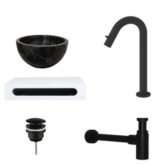 Fonteinkom Marmer Black Emperador met Solid Surface Planchet met Opbouwkraan, Afvoer en Sifon Mat Zwart Gebogen Kraan 40x22x8 cm