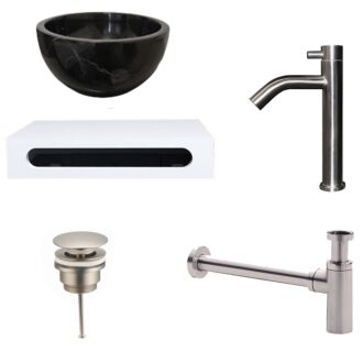 Fonteinkom Marmer Black Emperador met Solid Surface Planchet met Opbouwkraan, Afvoer en Sifon RVS 40x22x8 cm