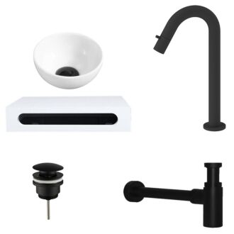 Fontein Waskom Keramiek Wit met Solid Surface Planchet met Opbouwkraan, Afvoer en Sifon Mat Zwart Gebogen Kraan 40x22x8 cm