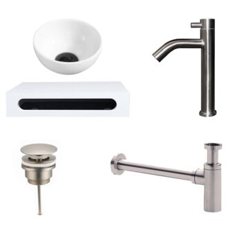 Fontein Waskom Keramiek Wit met Solid Surface Planchet met Opbouwkraan, Afvoer en Sifon RVS 40x22x8 cm