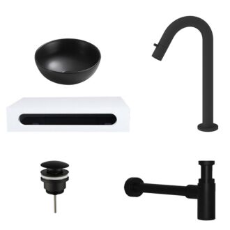 Fontein Waskom Keramiek Zwart met Solid Surface Planchet met Opbouwkraan, Afvoer en Sifon Mat Zwart Gebogen Kraan 40x22x8 cm