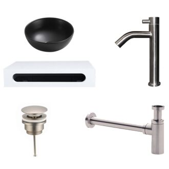 Fontein Waskom Keramiek Zwart met Solid Surface Planchet met Opbouwkraan, Afvoer en Sifon RVS 40x22x8 cm