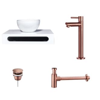 Solid Surface Waskom Rond met Solid Surface Planchet met Opbouwkraan, Afvoer en Sifon Brons 40x22x8 cm